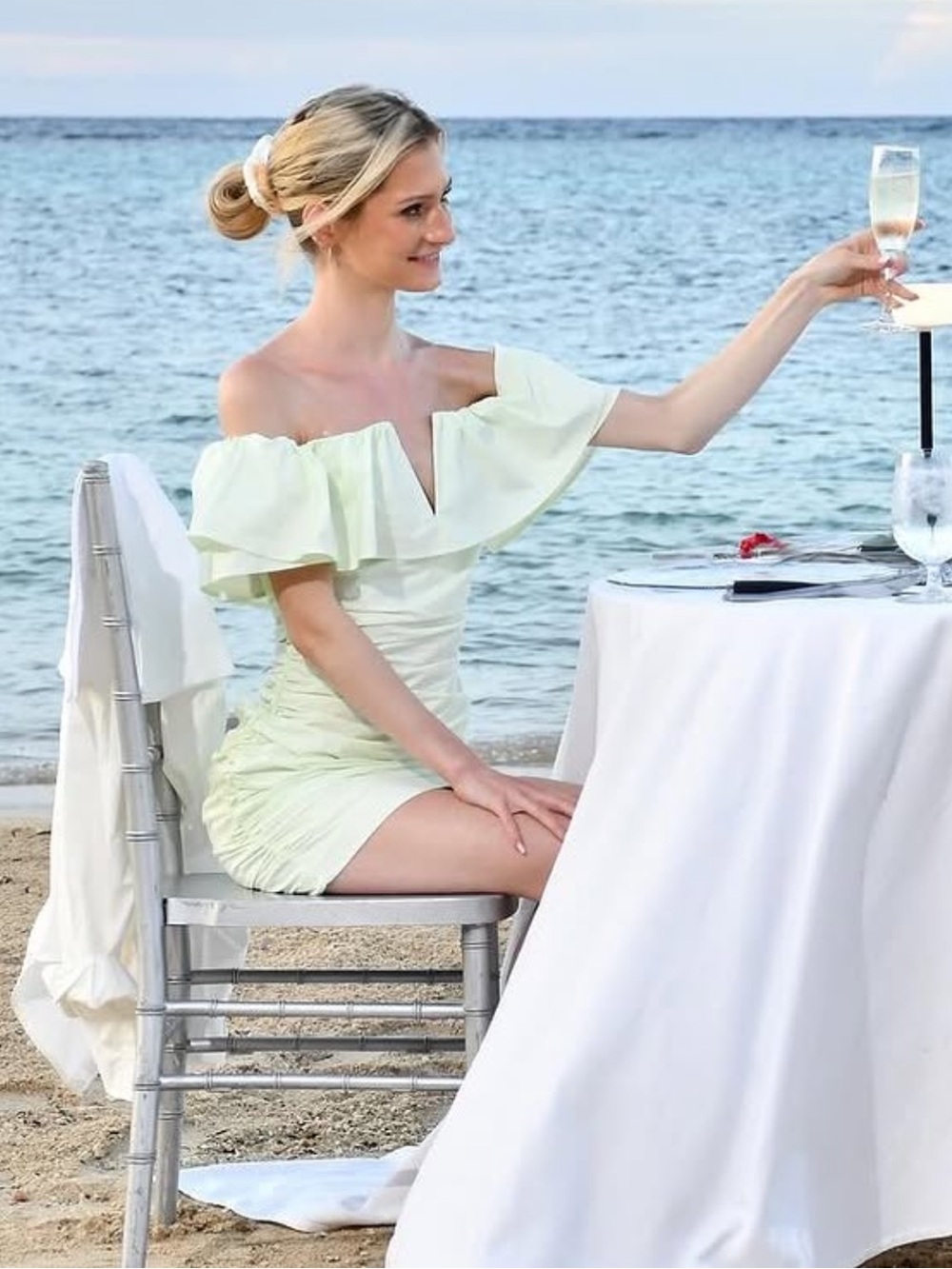 Anthropologie Maeve Green Off-Shoulder Fitted Ruched Dress
